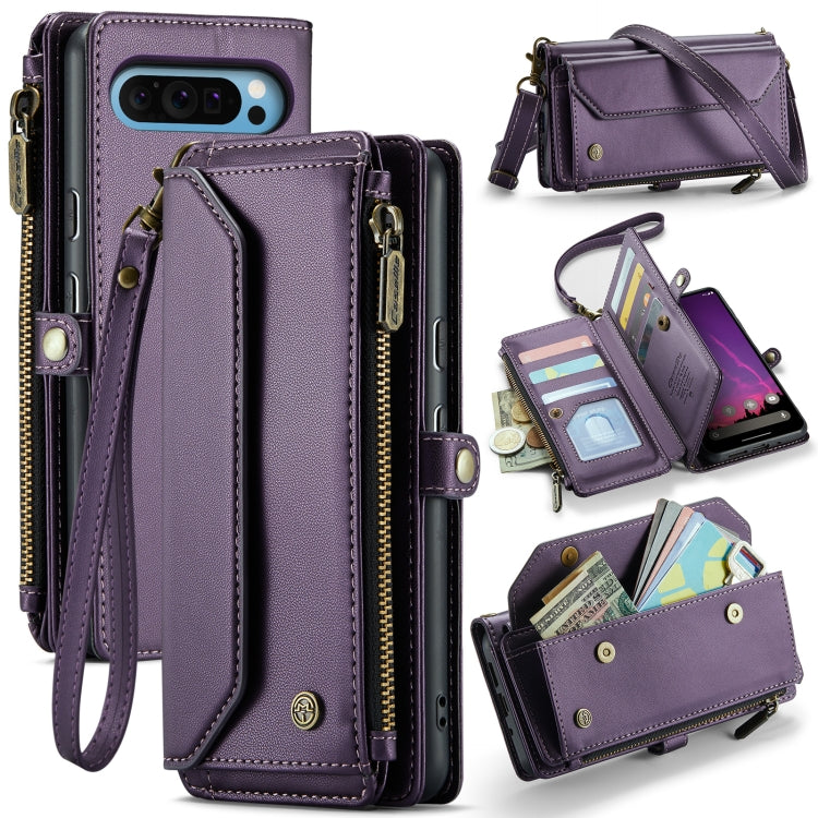 Purple leather phone wallet case with zipper, card slots, and wrist strap.