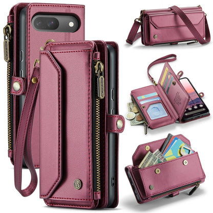 Wine leather phone wallet case with card slots, zipper closure, crossbody strap