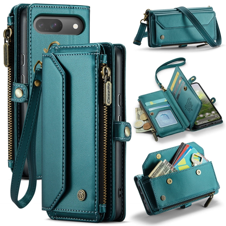 Teal leather phone wallet case with card slots and zipper closure, wrist strap