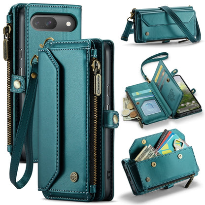 Teal leather phone wallet case with card slots and zipper closure, wrist strap