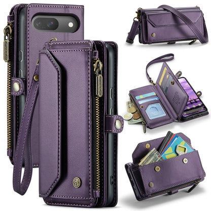 Purple leather phone wallet case with card slots, zipper closure, lanyard strap