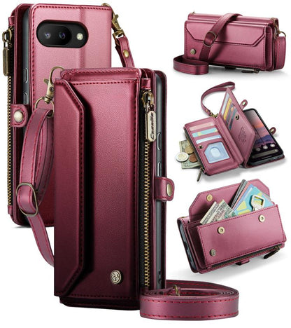 Burgundy leather phone wallet case with card slots and zipper closure, wrist strap