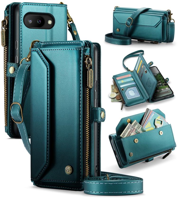 Deep teal leather phone wallet case with card slots and zipper closure, wrist strap