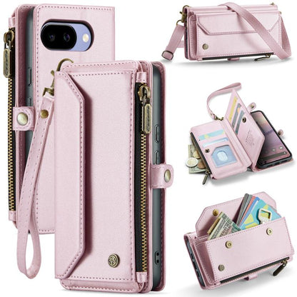 Pink leather phone wallet case with zipper, card slots, and wrist strap.