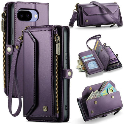 Purple leather phone wallet case with zipper, card slots, and wrist strap.