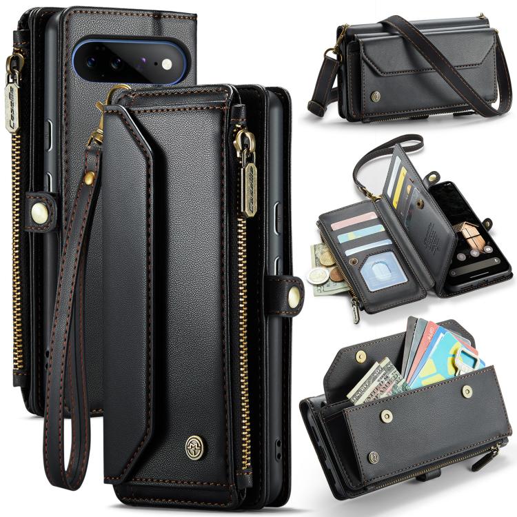 CaseMe black leather phone wallet case with front flap, zipper pocket, card slots
