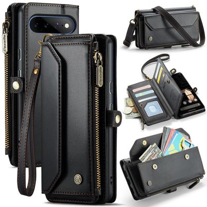 CaseMe black leather phone wallet case with front flap, zipper pocket, card slots