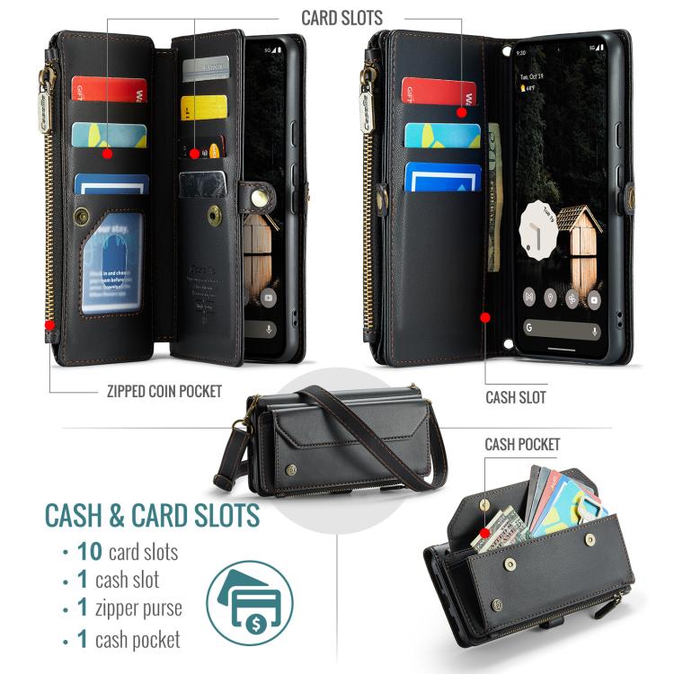 CaseMe black leather phone wallet case opened to show card slots and cash pockets