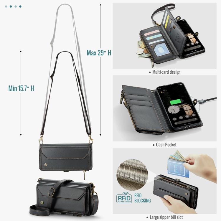 CaseMe black leather phone wallet case with adjustable crossbody strap and card pockets