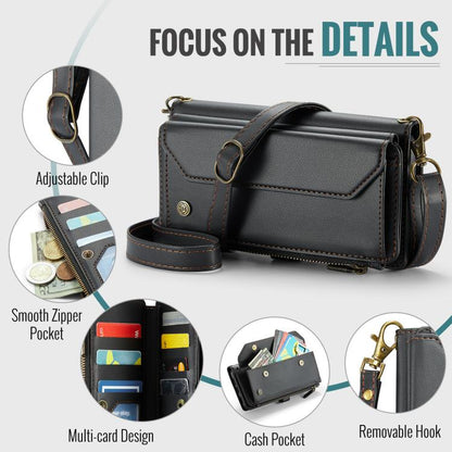 CaseMe black leather phone wallet case with adjustable clip, smooth zipper, cash pocket