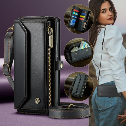 CaseMe black leather phone wallet case with wrist strap and gold-tone hardware