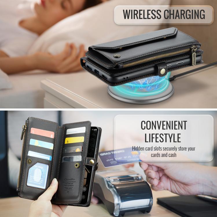 CaseMe black leather phone wallet case with zipper closure and card slots