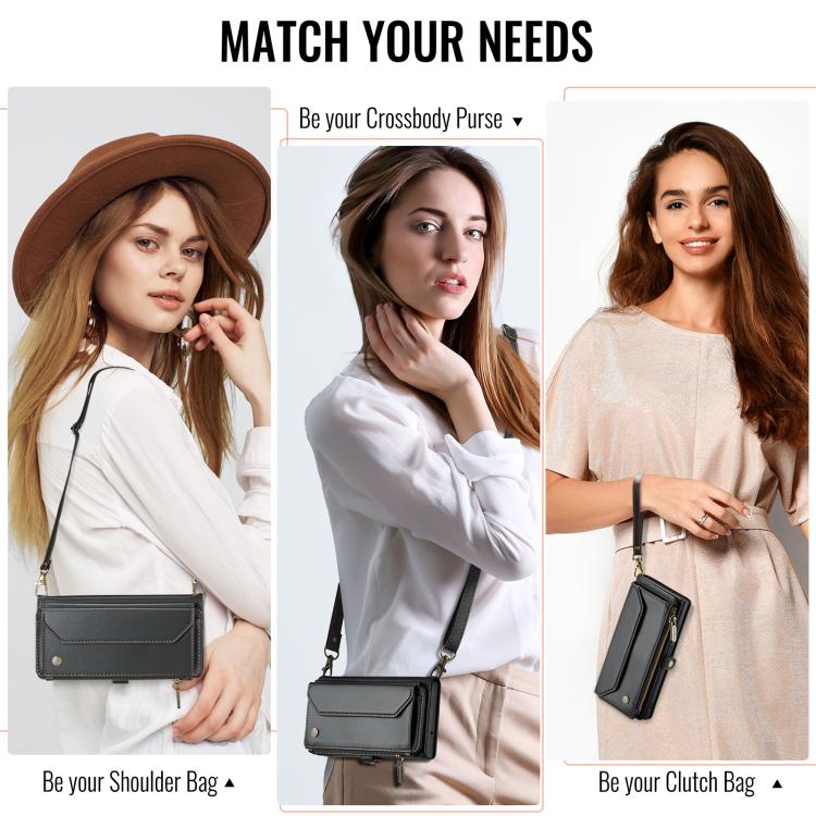 CaseMe black leather phone wallet case with small crossbody bag style strap