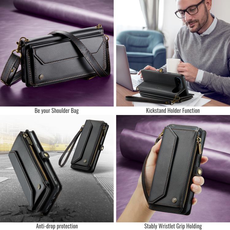 CaseMe black leather phone wallet case with shoulder strap and sturdy hand grip