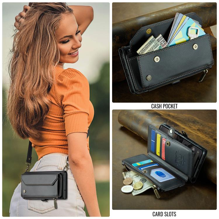 CaseMe black leather phone wallet case showing card slots and cash pocket
