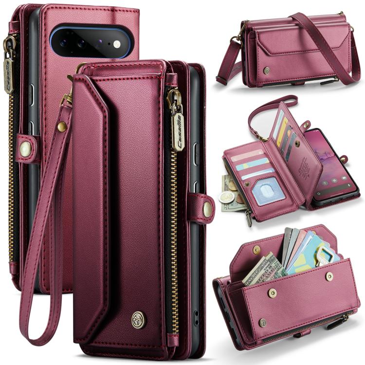 Wine leather phone wallet case with card slots and zipper, wrist strap, RFID anti-theft design