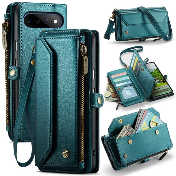 Green leather phone wallet case with card slots and zipper, wrist strap, RFID anti-theft design