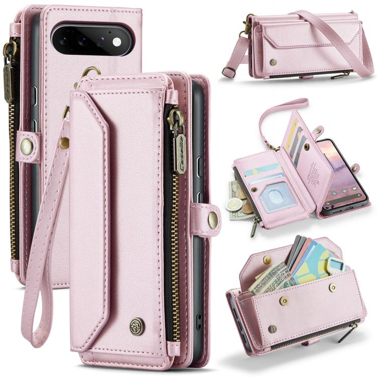 Pink leather phone wallet case with card slots, front pocket, zipper closure, RFID anti-theft