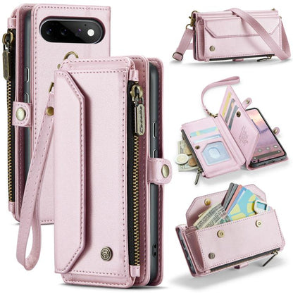 Pink leather phone wallet case with card slots, front pocket, zipper closure, RFID anti-theft