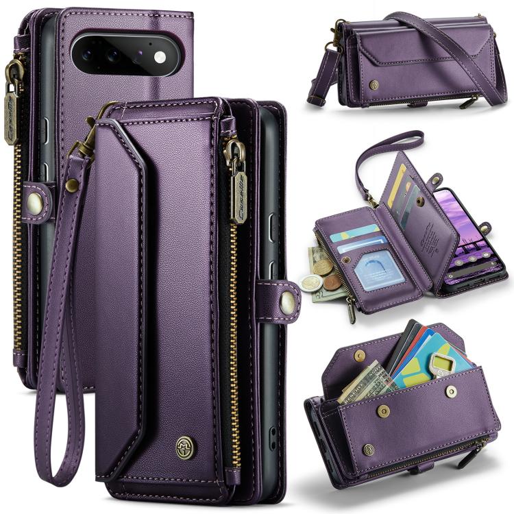 Purple leather phone wallet case with card slots, front pocket, zipper closure, RFID anti-theft