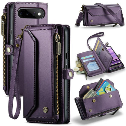Purple leather phone wallet case with card slots, front pocket, zipper closure, RFID anti-theft