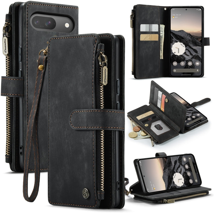 Black leather phone wallet case with card slots and zipper closure, wrist strap
