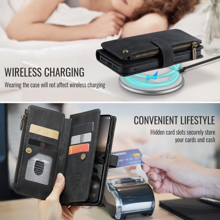 Black leather phone wallet case with card slots and zip closure, wireless charging compatible