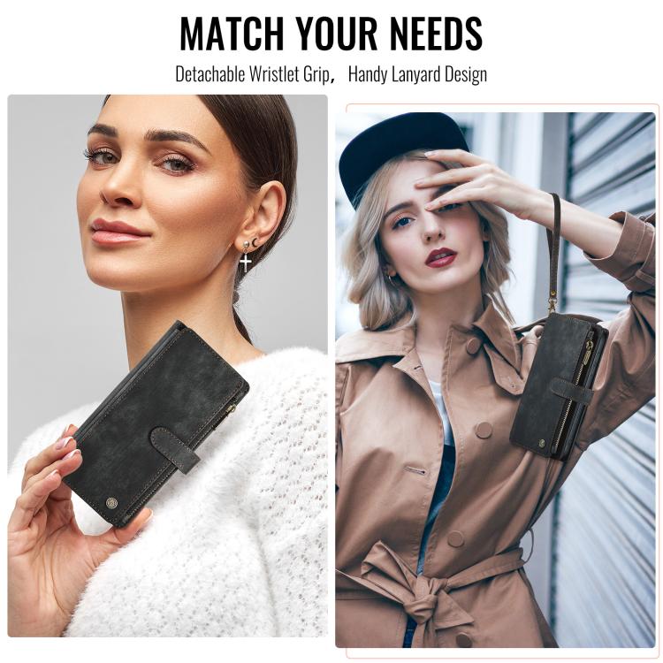 Black phone wallet case with card slot window and detachable wrist strap