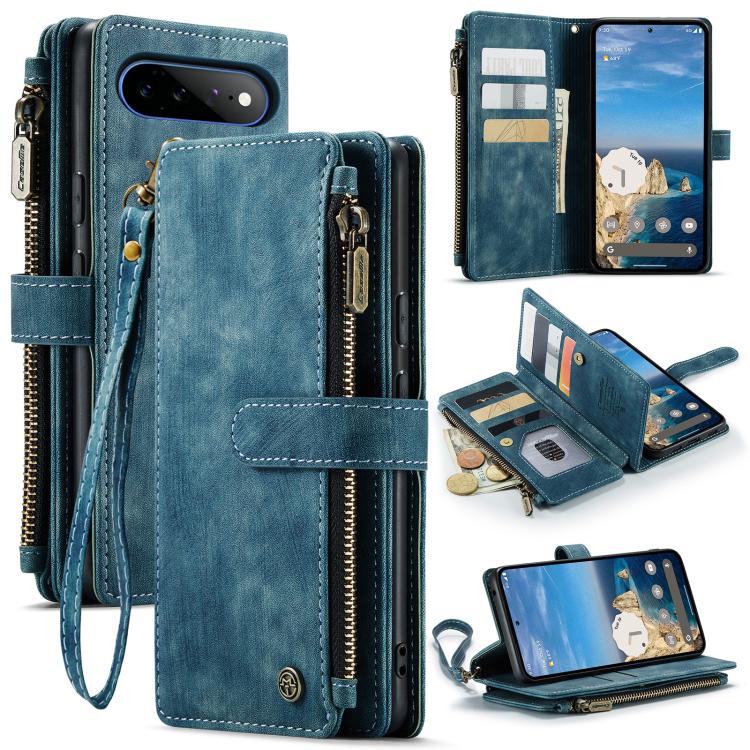 Blue leather zipper wallet phone case with card slots and front flip