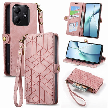 Pink geometric zipper wallet phone case with wrist strap and front card holder