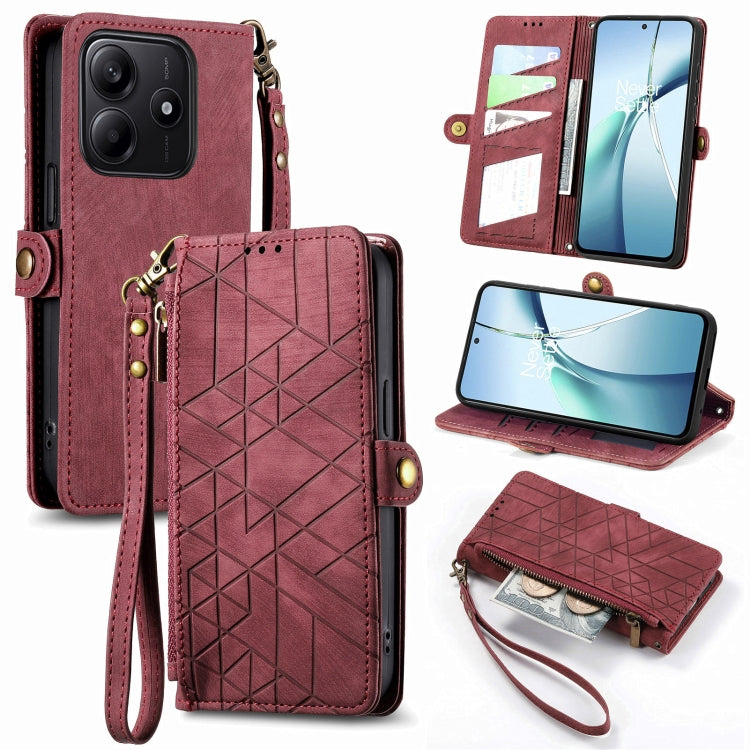 Geometric leather wallet phone case with wrist strap, card slots, and zippered pocket; burgundy