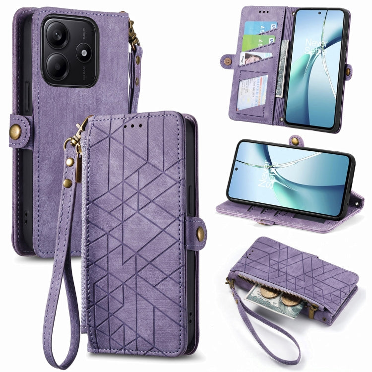 Geometric leather wallet phone case with wrist strap, card slots, and zippered pocket; purple