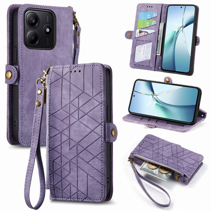 Geometric leather wallet phone case with wrist strap, card slots, and zippered pocket; purple