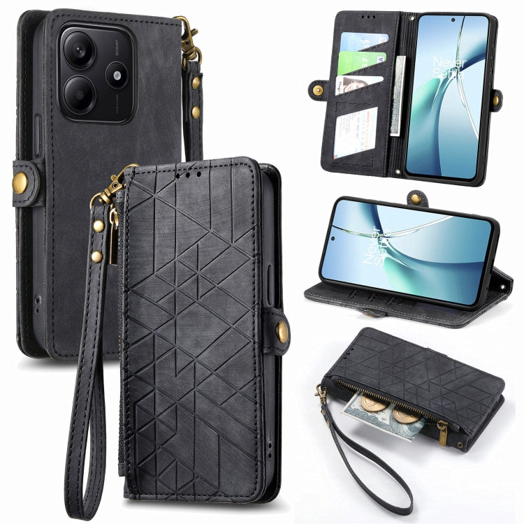 Geometric leather wallet phone case with wrist strap, card slots, and zippered pocket; black