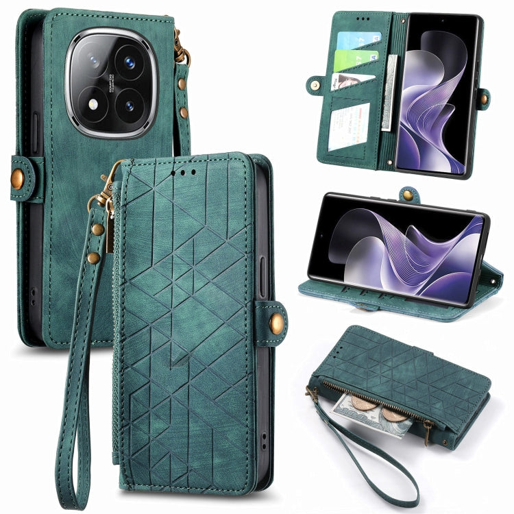 Teal leather geometric zipper wallet phone case with side buckle, wrist strap