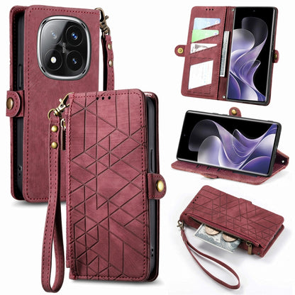 Burgundy leather geometric zipper wallet phone case with side buckle, wrist strap