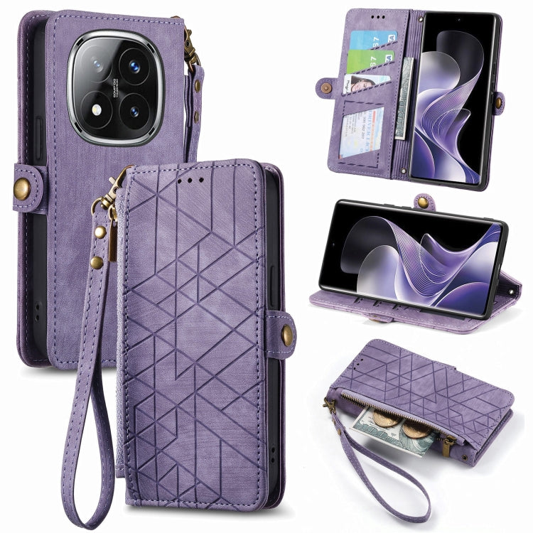 Purple leather geometric zipper wallet phone case with side buckle and wrist strap