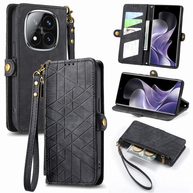 Black leather geometric zipper wallet phone case with side buckle and wrist strap