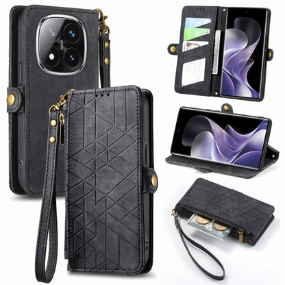 Black leather geometric zipper wallet phone case with side buckle and wrist strap