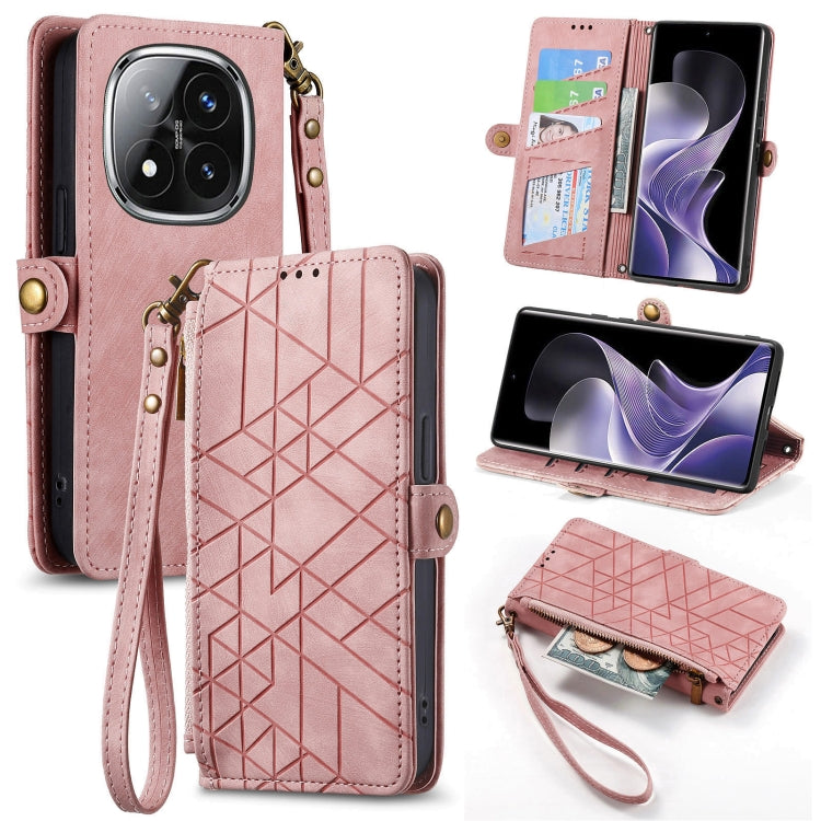 Pink leather phone wallet case with geometric pattern, zipper, wrist strap, card slots