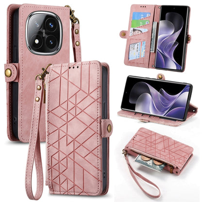 Pink leather phone wallet case with geometric pattern, zipper, wrist strap, card slots