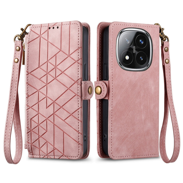 Pink leather phone wallet case with geometric pattern, snap closure, wrist strap