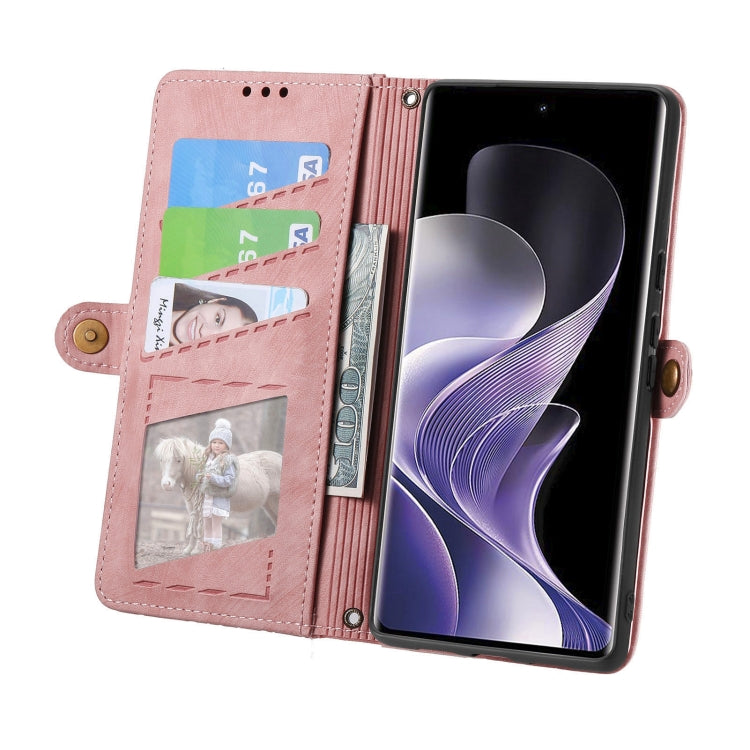 Pink leather phone wallet case with card pockets, geometric panel, open front
