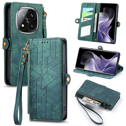 Green leather phone wallet case with geometric pattern, zipper, wrist strap, card slots