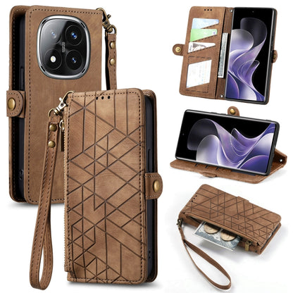 Brown leather phone wallet case with geometric pattern, zipper, wrist strap, card slots