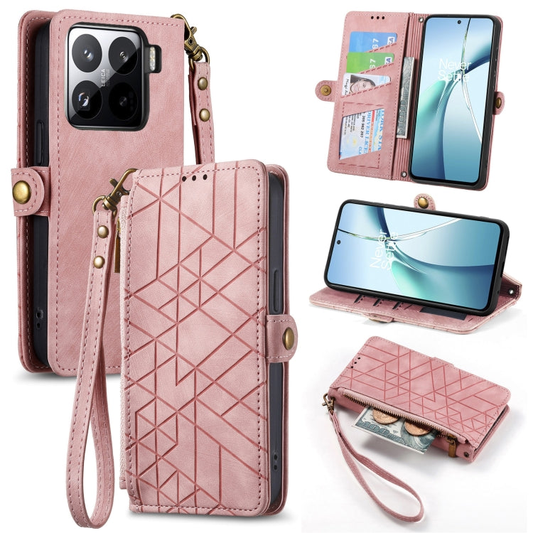 Pink geometric zipper wallet phone case with wrist strap and card slots