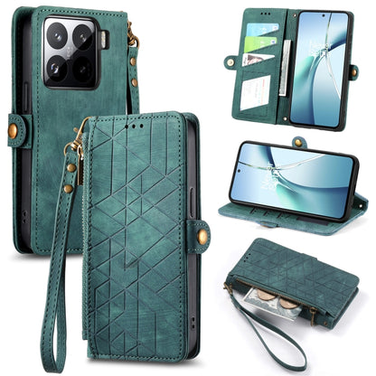 Teal geometric zipper wallet phone case with wrist strap and card slots