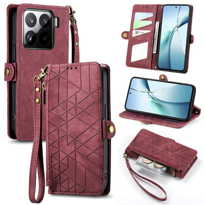 Red geometric zipper wallet phone case with wrist strap and card slots