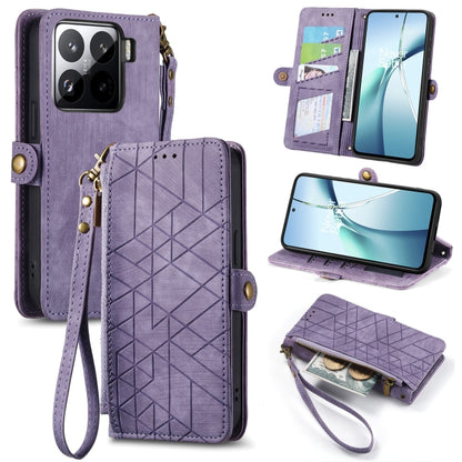 Purple geometric zipper wallet phone case with wrist strap and card slots