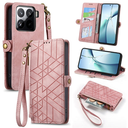 Geometric leather phone case wallet with zipper, side buckle and wrist strap, pink